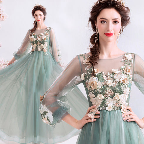 Light Green Flowers Long Sleeves Tulle A-line Evening Dress, Green Prom Dress