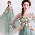 Light Green Flowers Long Sleeves Tulle A-line Evening Dress, Green Prom Dress