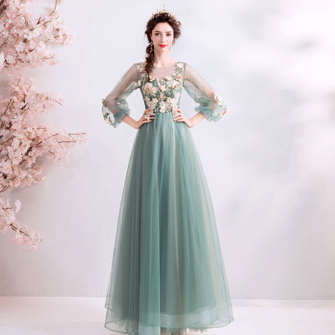 Light Green Flowers Long Sleeves Tulle A-line Evening Dress, Green Prom Dress
