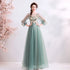 Light Green Flowers Long Sleeves Tulle A-line Evening Dress, Green Prom Dress