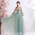 Light Green Flowers Long Sleeves Tulle A-line Evening Dress, Green Prom Dress