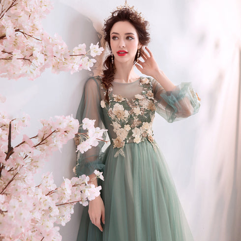 Light Green Flowers Long Sleeves Tulle A-line Evening Dress, Green Prom Dress