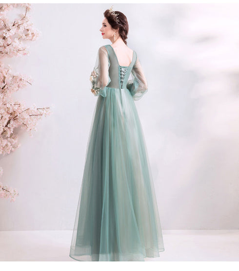 Light Green Flowers Long Sleeves Tulle A-line Evening Dress, Green Prom Dress