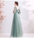 Light Green Flowers Long Sleeves Tulle A-line Evening Dress, Green Prom Dress