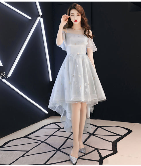 Light Grey High Low Tulle Off Shoulder Cute Party Dress, High Low Prom Dress Homecoming Dress