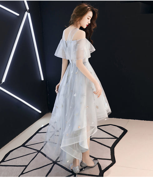 Light Grey High Low Tulle Off Shoulder Cute Party Dress, High Low Prom Dress Homecoming Dress