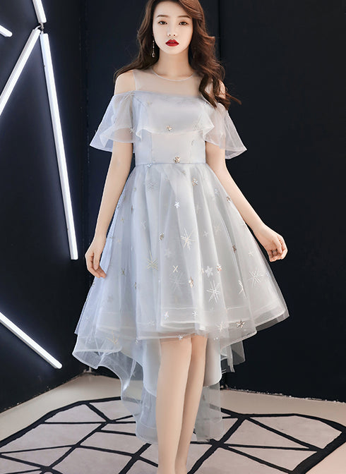 Light Grey High Low Tulle Off Shoulder Cute Party Dress, High Low Prom Dress Homecoming Dress