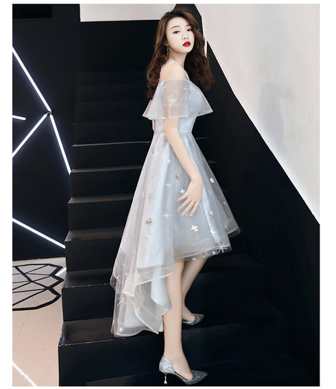 Light Grey High Low Tulle Off Shoulder Cute Party Dress, High Low Prom Dress Homecoming Dress