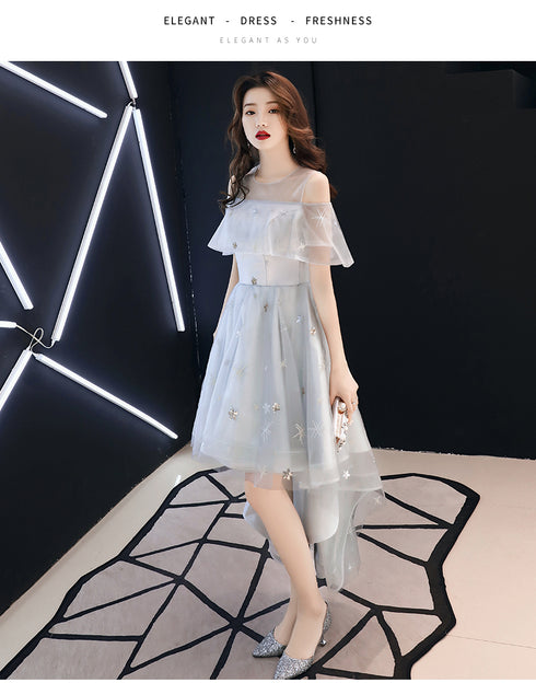 Light Grey High Low Tulle Off Shoulder Cute Party Dress, High Low Prom Dress Homecoming Dress