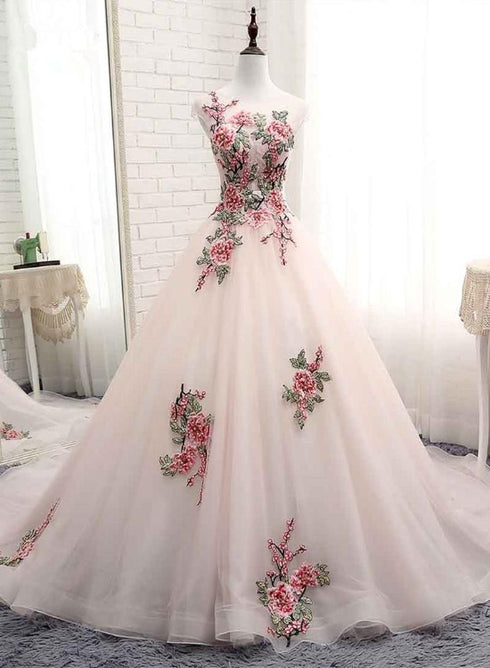 Light Pink Ball Gown Quinceanera Dress with Flowers Embroidery, Pink Tulle and Organza Party Dress