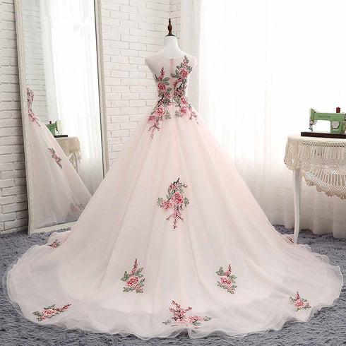 Light Pink Ball Gown Quinceanera Dress with Flowers Embroidery, Pink Tulle and Organza Party Dress
