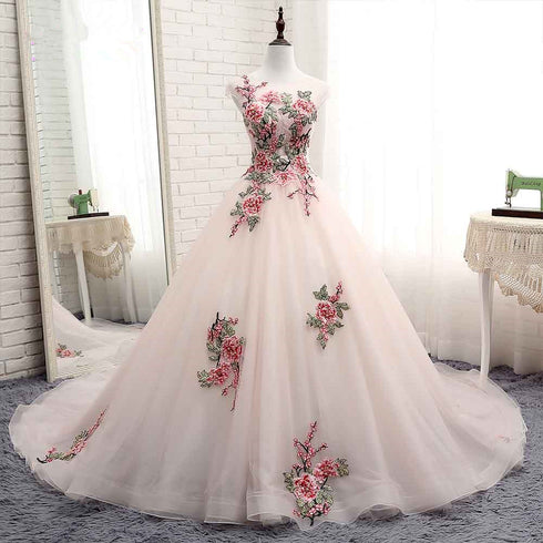 Light Pink Ball Gown Quinceanera Dress with Flowers Embroidery, Pink Tulle and Organza Party Dress
