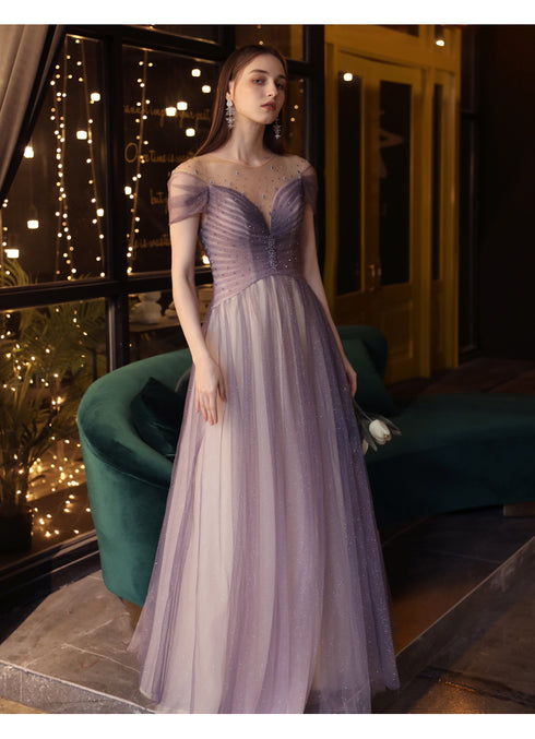 Light Purple Gradient Tulle A-line Short Sleeves Floor Length Party Dress, Tulle Formal Dresses