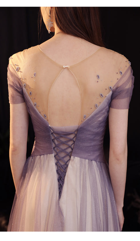 Light Purple Gradient Tulle A-line Short Sleeves Floor Length Party Dress, Tulle Formal Dresses