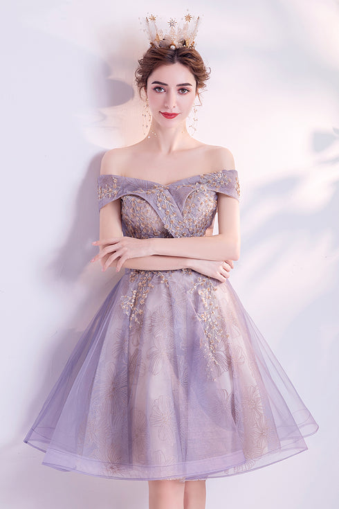 Light Purple Sweetheart Lace Applique Short Homecoming Dress, Tulle and Lace Prom Dress