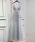 Light Sliver Grey Lace Applique V-neckline Long Party Dress, Light Grey Wedding Party Dress