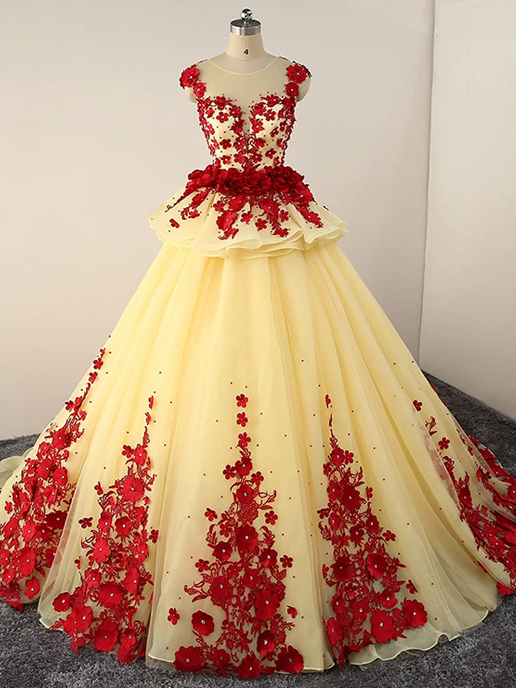 Light Yellow Tulle Ball Gown Beaded and Flowers Sweet 16 Gown, Light Yellow Quinceanera Dress US size 20W / Yellow