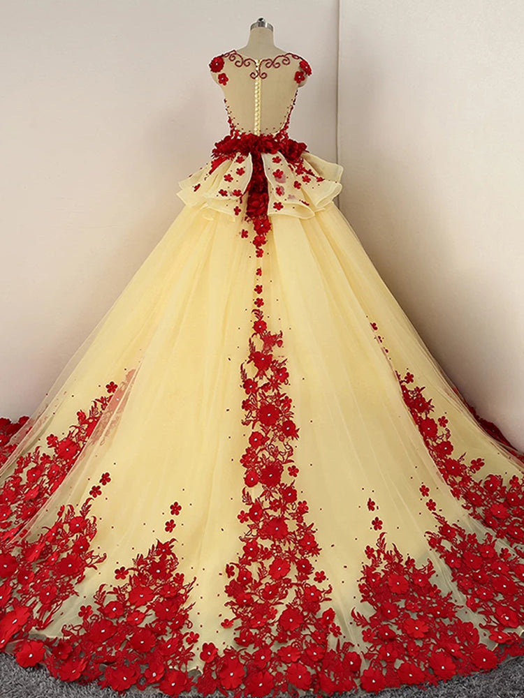 open lace back dress Light Yellow Tulle Ball Gown Beaded and Flowers Sweet 16 Gown, Light Yellow Quinceanera Dress US Size 20W / Yellow