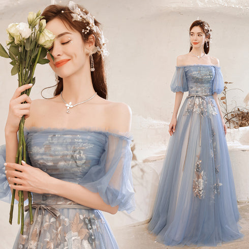 Beautiful Blue Tulle with Lace Long Off Shoulder Formal Dresses, Blue A-line Prom Dress