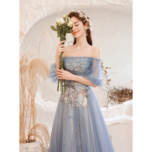 Beautiful Blue Tulle with Lace Long Off Shoulder Formal Dresses, Blue A-line Prom Dress