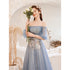 Beautiful Blue Tulle with Lace Long Off Shoulder Formal Dresses, Blue A-line Prom Dress