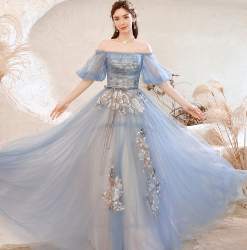 Beautiful Blue Tulle with Lace Long Off Shoulder Formal Dresses, Blue A-line Prom Dress