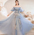 Beautiful Blue Tulle with Lace Long Off Shoulder Formal Dresses, Blue A-line Prom Dress