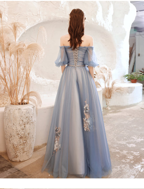 Beautiful Blue Tulle with Lace Long Off Shoulder Formal Dresses, Blue A-line Prom Dress