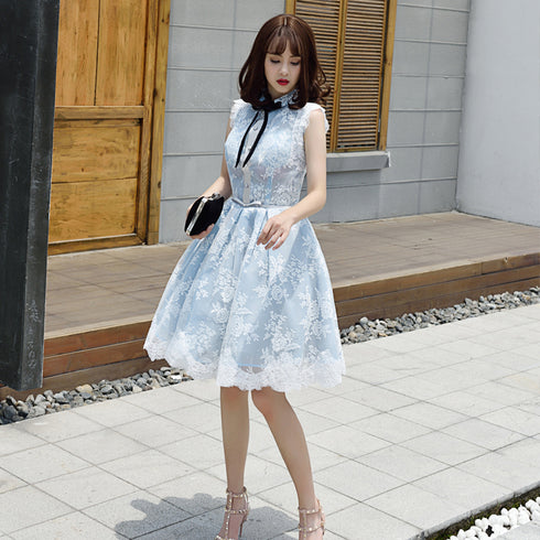 Lovely Lace Tulle Short High Neckline Homecoming Dress, Lace Short Party Dress Prom Dress