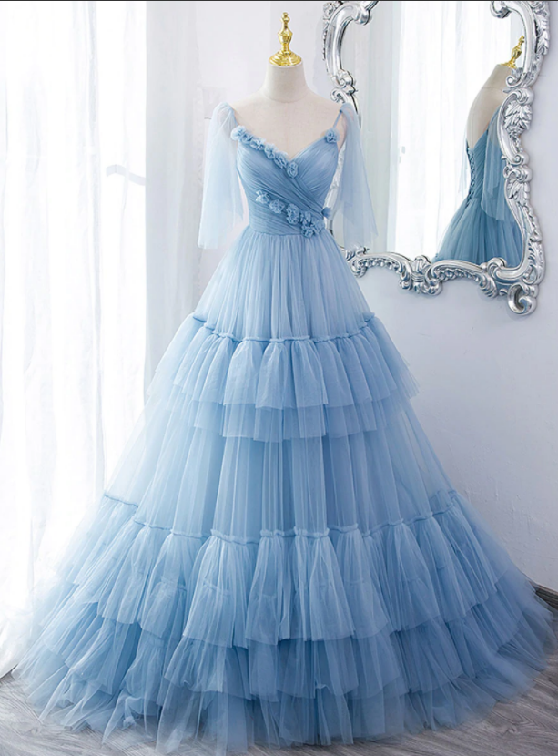 Lovely Light Blue Tulle with Straps Layers Long Formal Dresses, Blue E