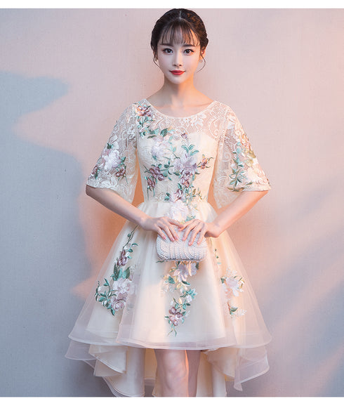 Lovely Light Champagne Tulle with Lace Applique Short Sleeves Party Dresses, High Low Homecoming Dresses