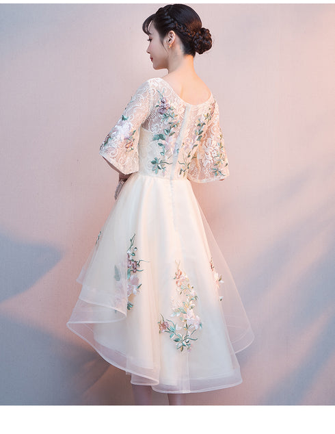 Lovely Light Champagne Tulle with Lace Applique Short Sleeves Party Dresses, High Low Homecoming Dresses