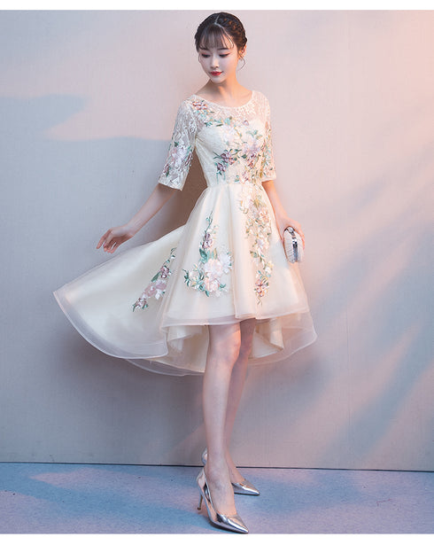 Lovely Light Champagne Tulle with Lace Applique Short Sleeves Party Dresses, High Low Homecoming Dresses