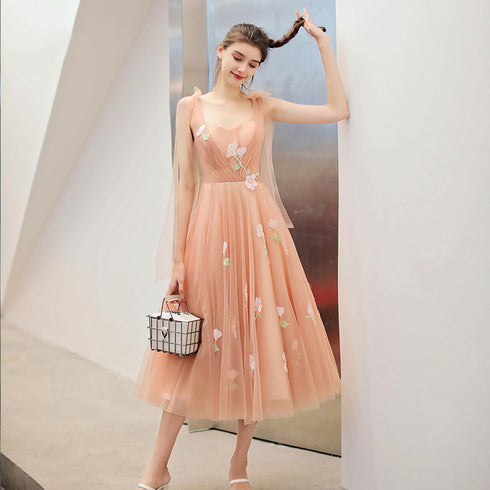 Lovely Pearl Pink Tulle Tea Length Wedding Party Dresses with Flowers, Pink Formal Dresses