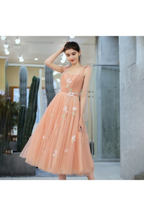 Lovely Pearl Pink Tulle Tea Length Wedding Party Dresses with Flowers, Pink Formal Dresses