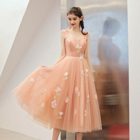 Lovely Pearl Pink Tulle Tea Length Wedding Party Dresses with Flowers, Pink Formal Dresses