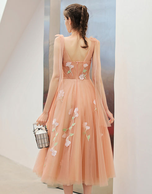 Lovely Pearl Pink Tulle Tea Length Wedding Party Dresses with Flowers, Pink Formal Dresses