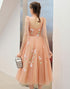 Lovely Pearl Pink Tulle Tea Length Wedding Party Dresses with Flowers, Pink Formal Dresses