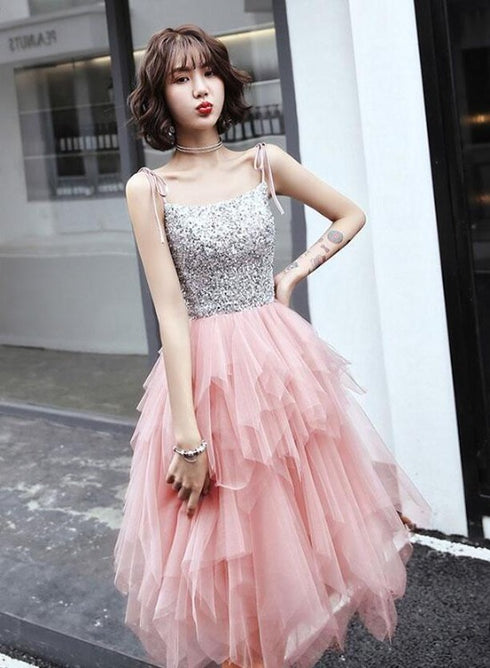 Lovely Pink Sequins and Tulle Short Party Dresses, Pink Homecoming Dresses