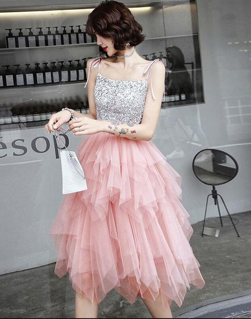 Lovely Pink Sequins and Tulle Short Party Dresses, Pink Homecoming Dresses