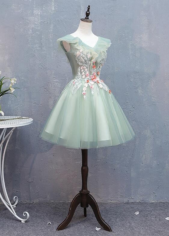 Short A-line V-neck Lace Floral Tulle Backless Formal Prom Homecoming Dresses main image 1