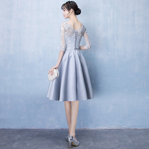 Lovely Sliver Grey Satin and Lace Short Sleeves Homecoming Dress, Short Party Dress Prom Dress