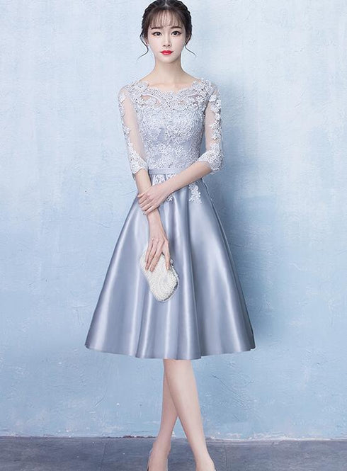 Lovely Sliver Grey Satin and Lace Short Sleeves Homecoming Dress, Short Party Dress Prom Dress
