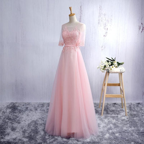 Lovely Tulle Round Neckline A-line Party Dress with Lace Applique, Short Sleeves Long Bridesmaid Dress