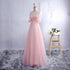 Lovely Tulle Round Neckline A-line Party Dress with Lace Applique, Short Sleeves Long Bridesmaid Dress