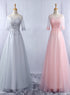 Lovely Tulle Round Neckline A-line Party Dress with Lace Applique, Short Sleeves Long Bridesmaid Dress