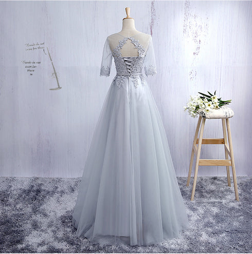 Lovely Tulle Round Neckline A-line Party Dress with Lace Applique, Short Sleeves Long Bridesmaid Dress