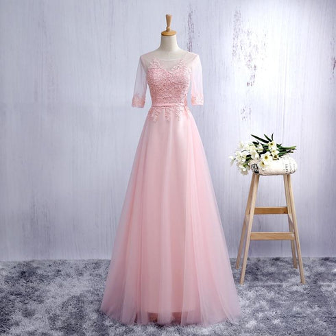 Lovely Tulle Round Neckline A-line Party Dress with Lace Applique, Short Sleeves Long Bridesmaid Dress