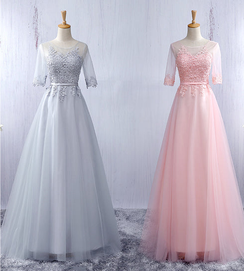 Lovely Tulle Round Neckline A-line Party Dress with Lace Applique, Short Sleeves Long Bridesmaid Dress