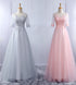Lovely Tulle Round Neckline A-line Party Dress with Lace Applique, Short Sleeves Long Bridesmaid Dress